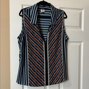 CAbi Navy and White Striped Floral Blouse